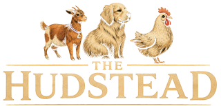 The Hudstead — a Nigerian Dwarf goat, a Great Pyrenees and a hen above the farm wordmark