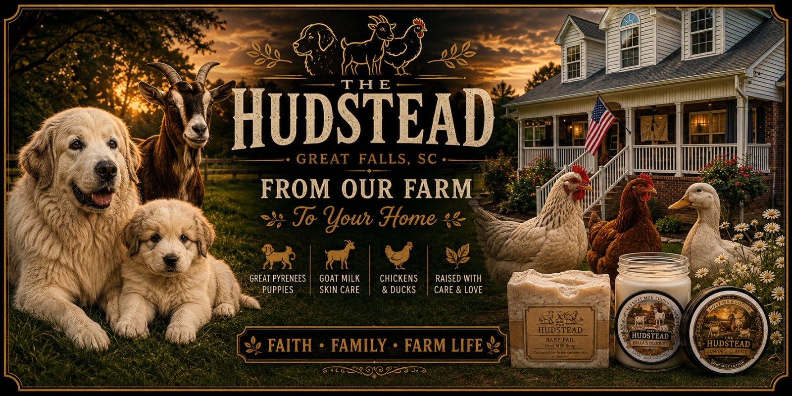 The Hudstead of Great Falls, South Carolina — from our farm to your home. A livestock guardian dog and her puppy on the grass beside a goat, hens and a duck by the farmhouse porch, with Baby Pail goat milk soap and Bella's Bouquet and Junior's Classic goat milk lotion. Guardian puppies, goat milk skin care, chickens and ducks, raised with care and love.