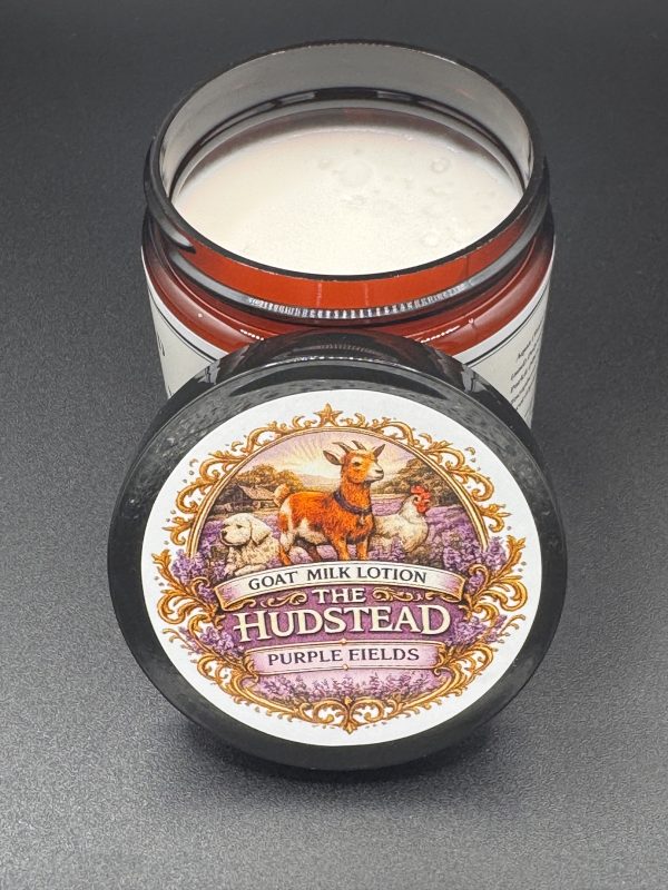 The Hudstead Purple Fields goat milk lotion with its lavender-toned lid label