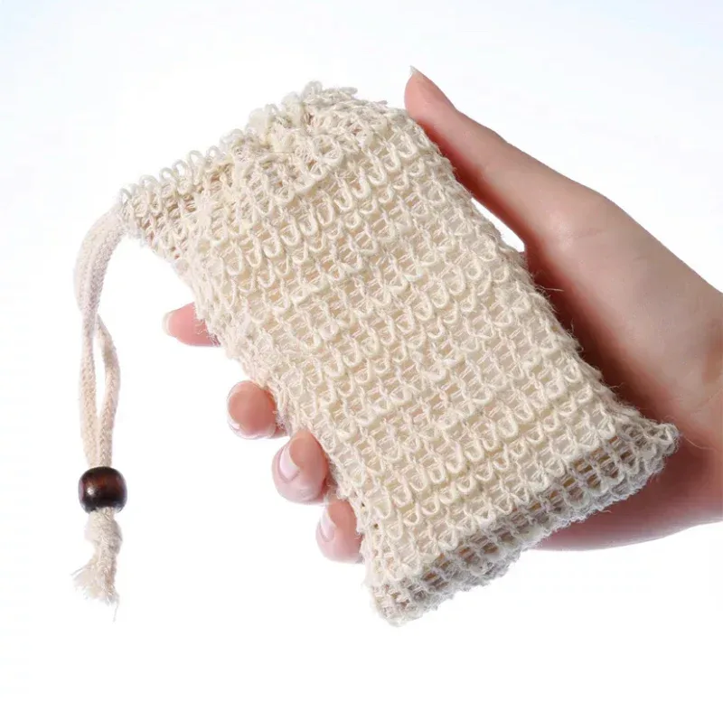 Natural Plant-based Sisal Soap Saver Pouch, with Coffee Color Wood Bead and Drawstring — handcrafted goat milk skin care from The Hudstead in Great Falls, SC